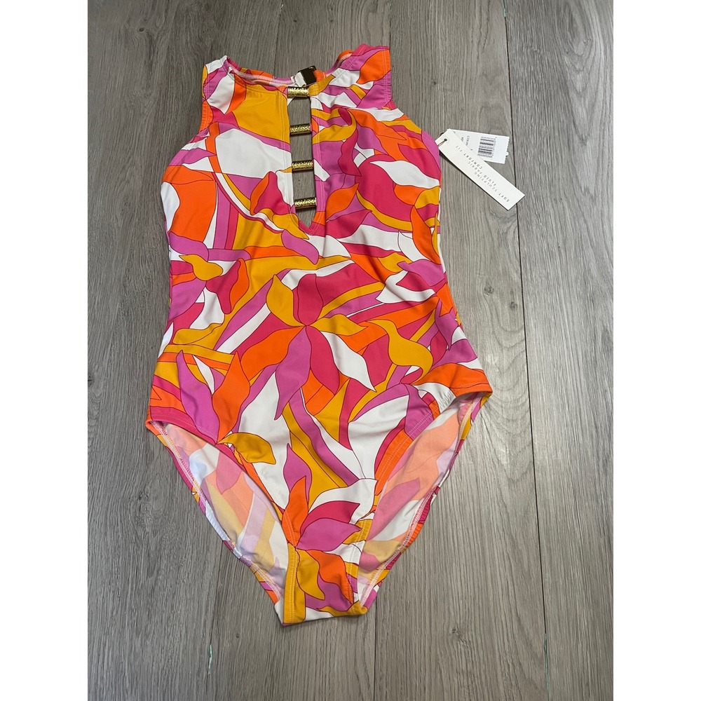 Retro Resort Pink Orange Mod Print Open Back One Piece Swimsuit - Picture 2 of 13